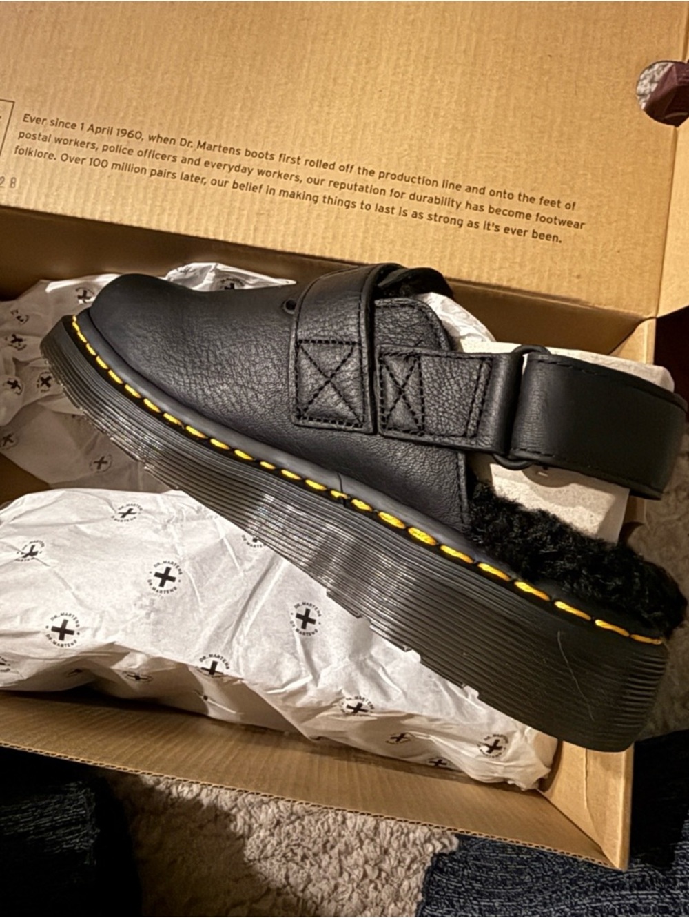 Dr. Martens Black Leather Slip-On Clog with Yellow Stitching - Picture 2 of 3
